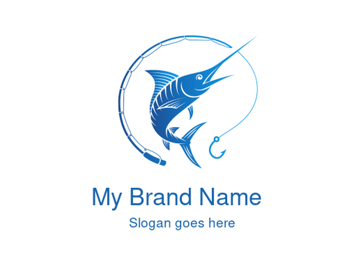 Dynamic Blue Marlin or Sailfish with Fishing Rod and Hook Circle Logo - Sport Fishing, Angling Gear, and Marine Adventures